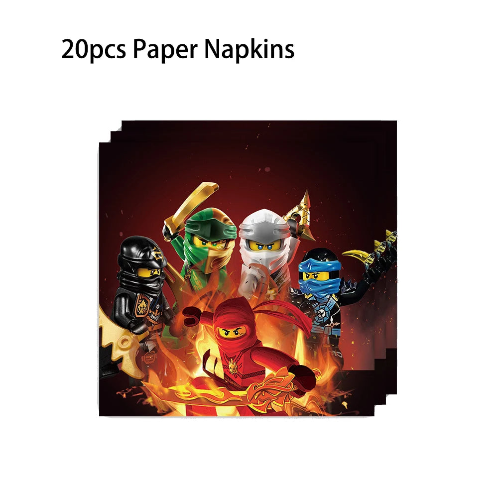 assiettes papier serviettes gobelets tissu table ninjas feu anniversaire thème ninja rouge vert