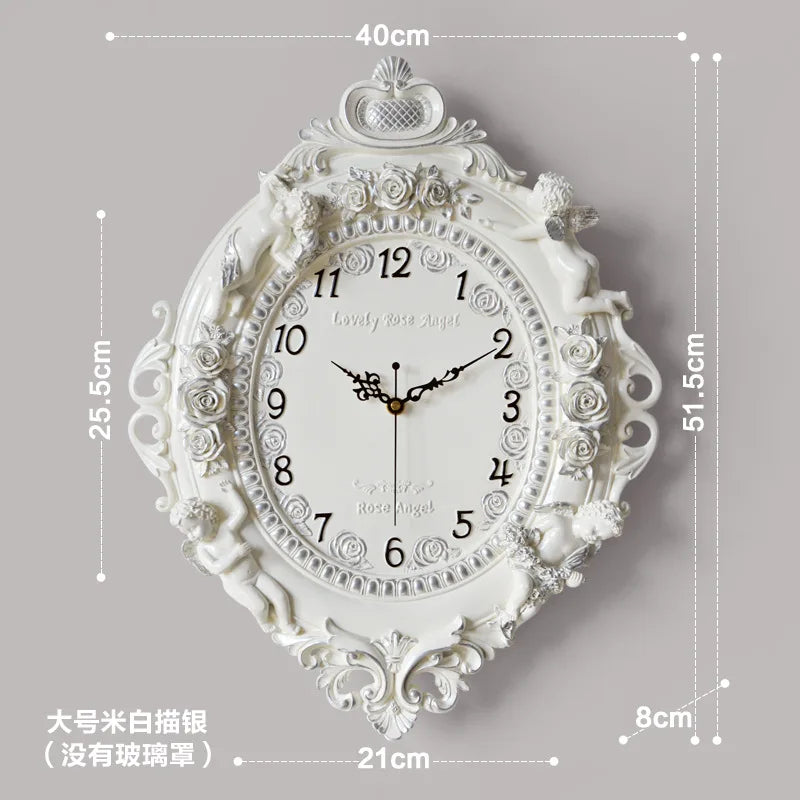 horloge murale baroque motif floral angelique blanc salon decoration aiguille quartz résine unique