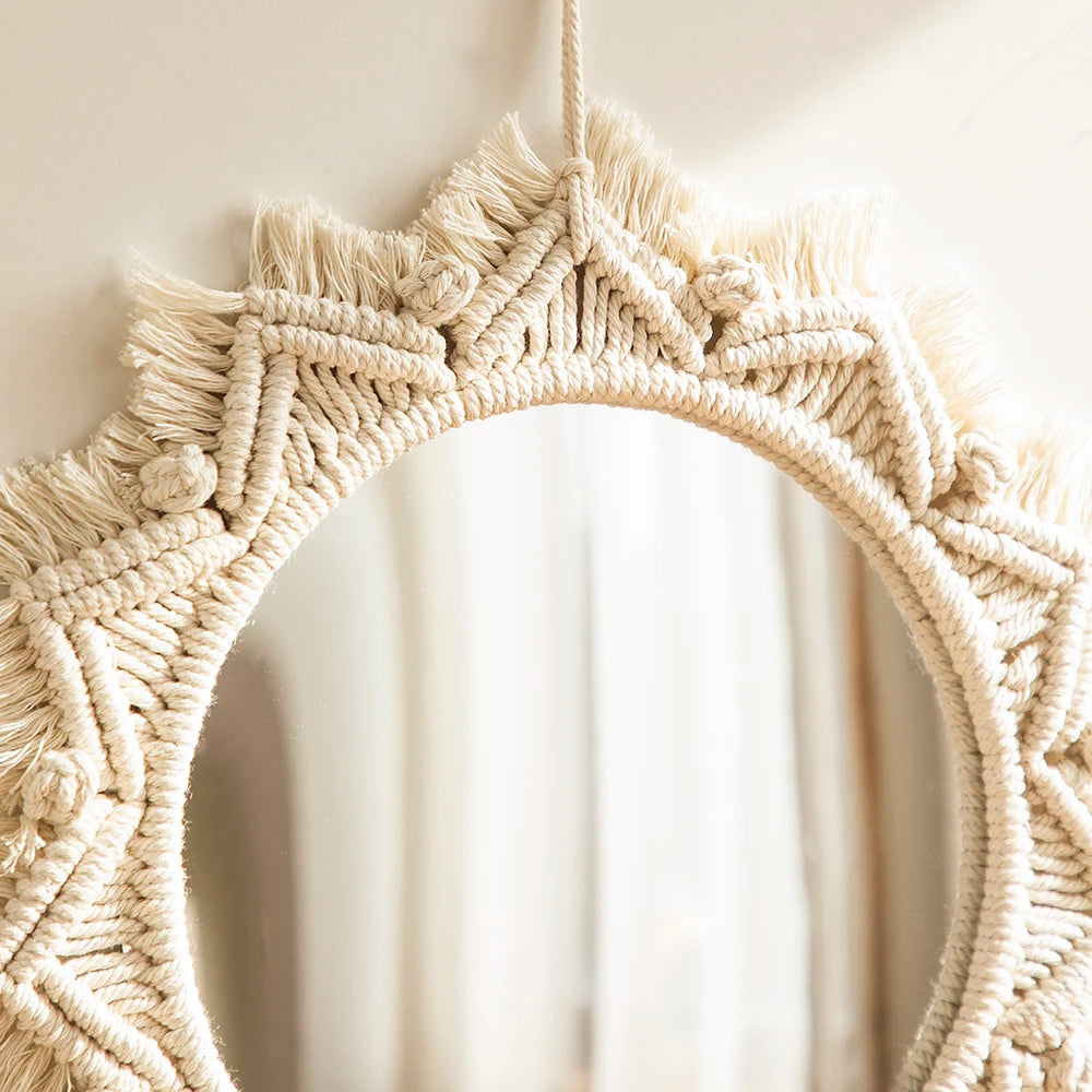 miroir boho blanc macramé franges artisanal crochet peigne protection chambre salon