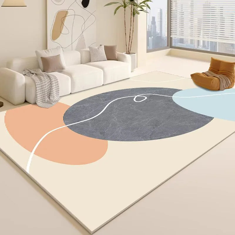 Un design géométrique moderne et épuré, avec des formes abstraites et des couleurs douces, crée une atmosphère apaisante dans cette élégante pièce de vie.