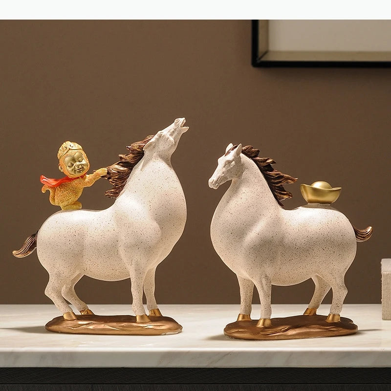 statues chevaux décoratives asiatiques blanc orange figurines humaines petits ornements dorés