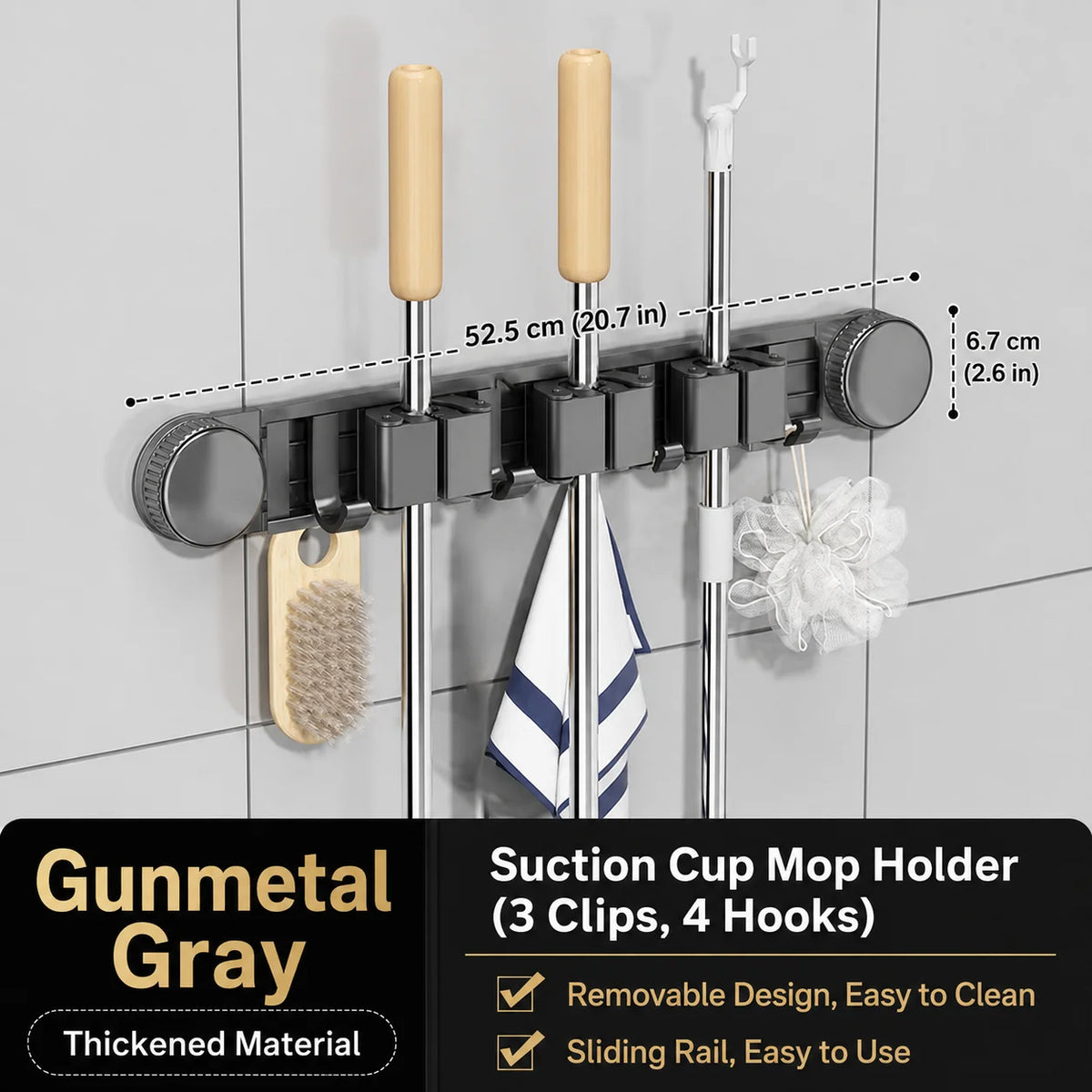 porte balais adhésif moderne gris métallisé hooks serviettes brosses éponges nettoyage salle bain