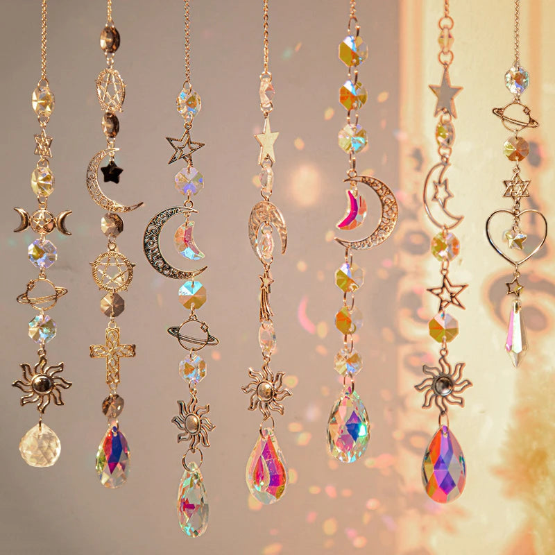 pendentif boho cristal multicolore soleil lune étoiles cosmique or argent