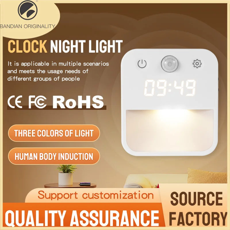 veilleuse horloge nuit led blanc moderne adhésif interrupteur tactile réglage mouvement auto