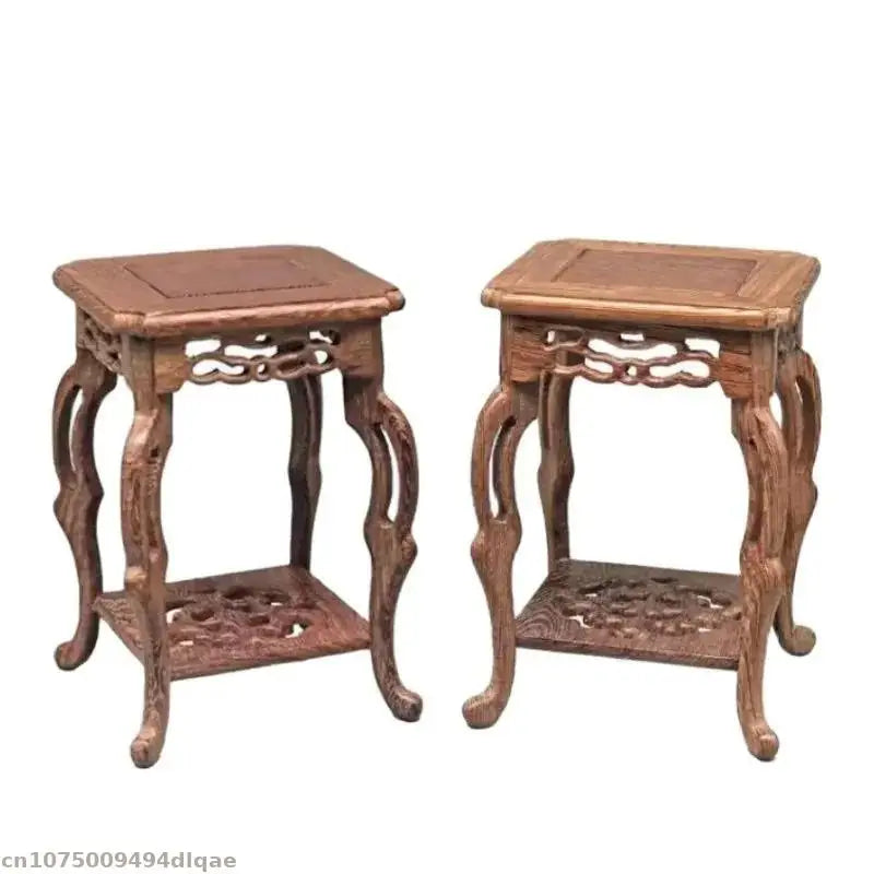 meuble rétro bois sculpté pot fleur présentoir thé décoration plantes bonsaï stand marron motifs