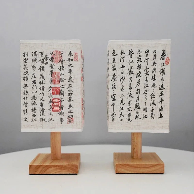 lumière table chinoise vintage papier calligraphie abat jour semi transparent bois girafe horloge tasse