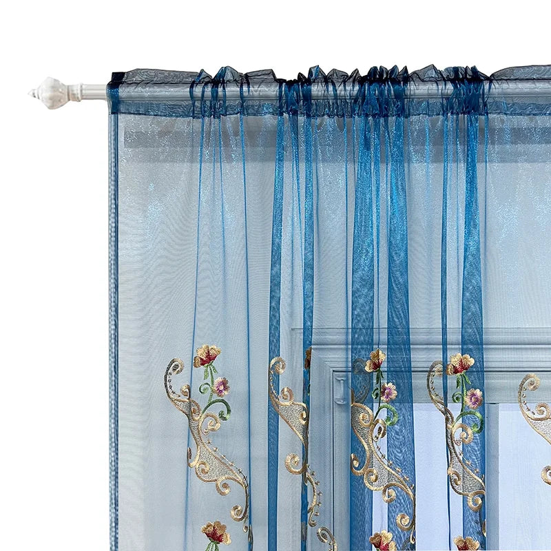 rideau floral brodé transparent bleu doré rose élégant salon chambre bureauhôtel