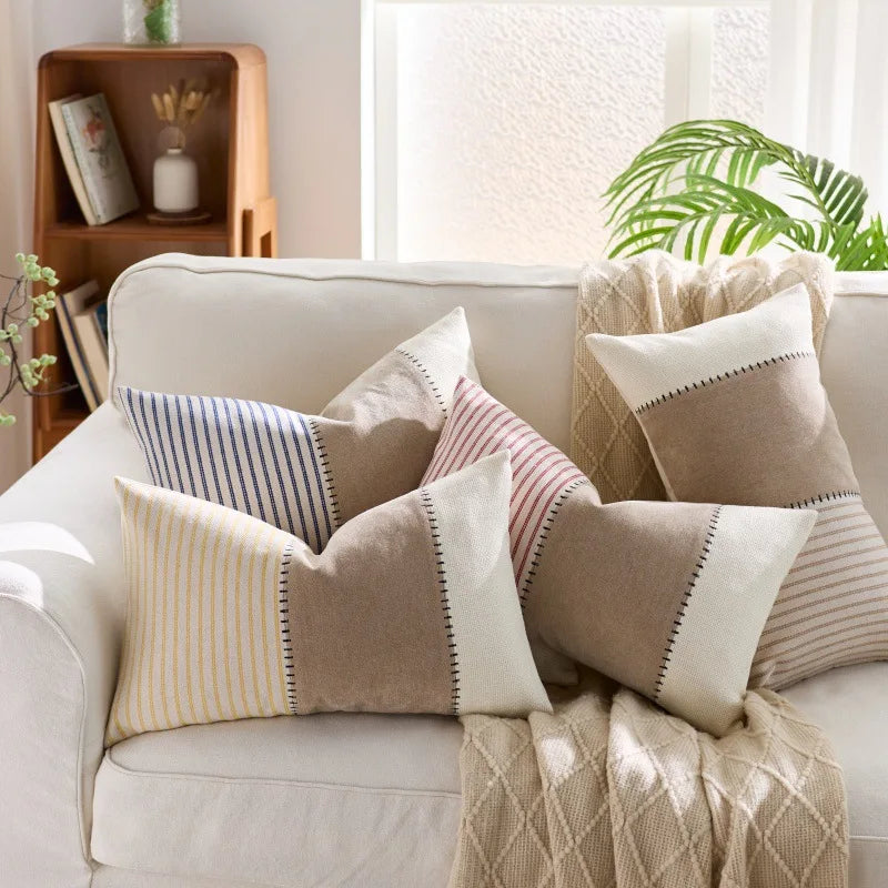 housse coussin décorative rustique rayures horizontales beige bleu marine rose clair polyester