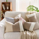 housse coussin décorative rustique rayures horizontales beige bleu marine rose clair polyester