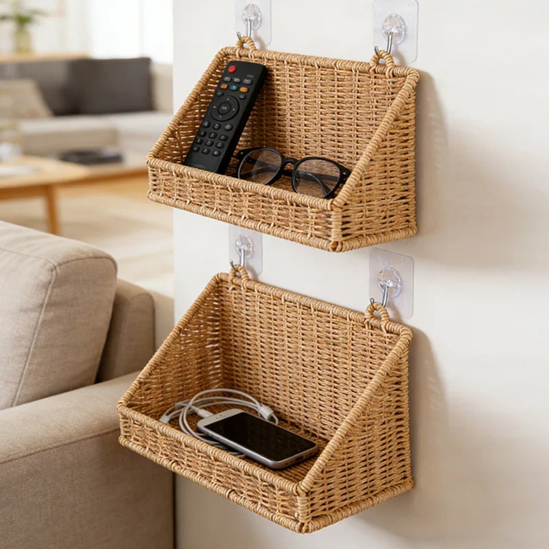 paniers muraux suspendus tressés bohème rangement cuisine salon plantes outils cosmétiques minimaliste