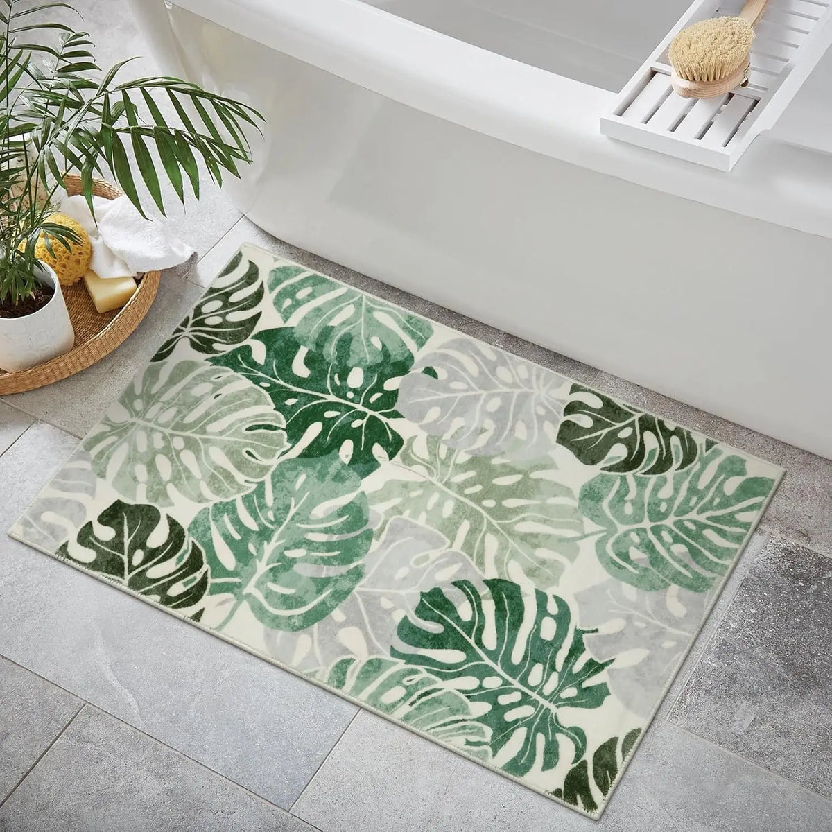 tapis sol antidérapant feuilles tropicales moderne bleu vert beige blanc