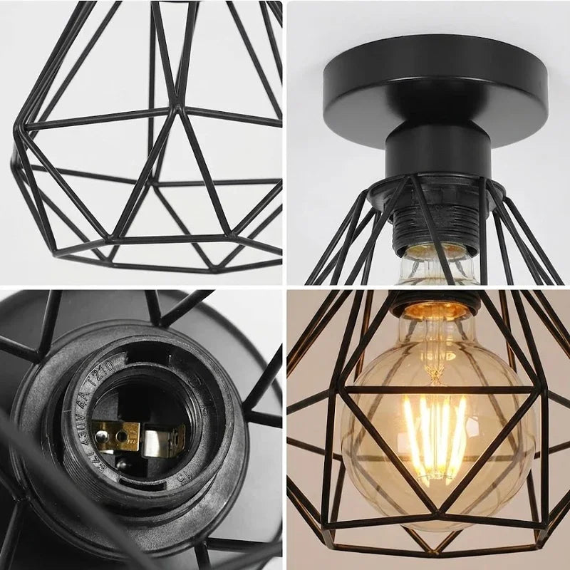 lampe industrielle fer forgé grille géométrique noire éclairage intérieur salon restaurant