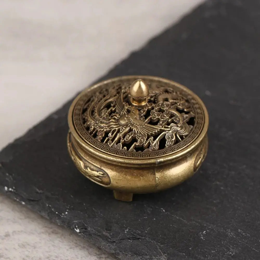 brûleur encens bronze doré motifs dragon phénix floraux couvercle ajouré trois pieds poignée noire