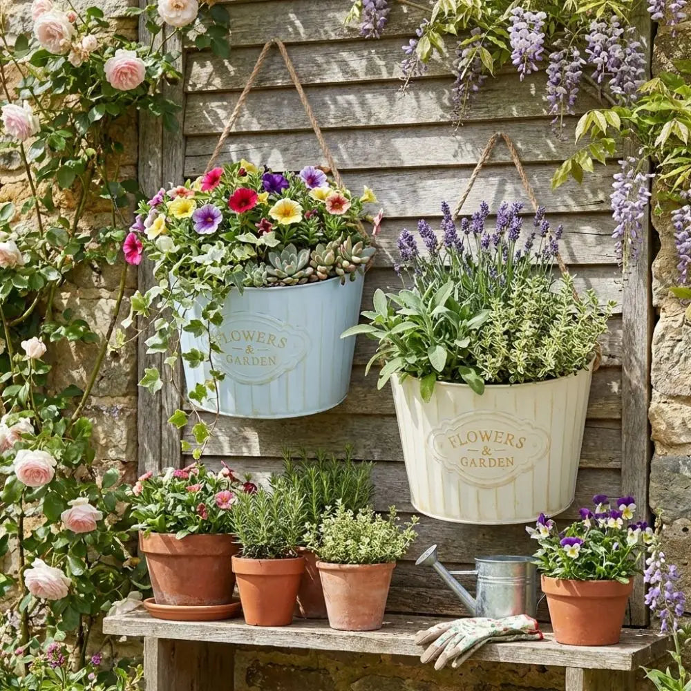 pots fleurs suspendus vintage bleu clair rayures flowers garden rustique beige opaques