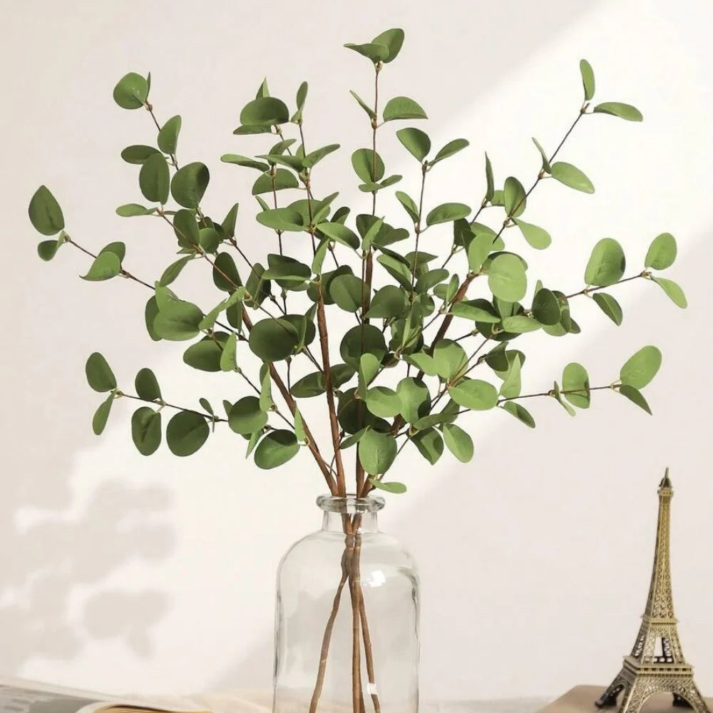 feuilles eucalyptus artificielles vert foncé decoration maison 61cm branches decoratives rustique boheme vase transparent