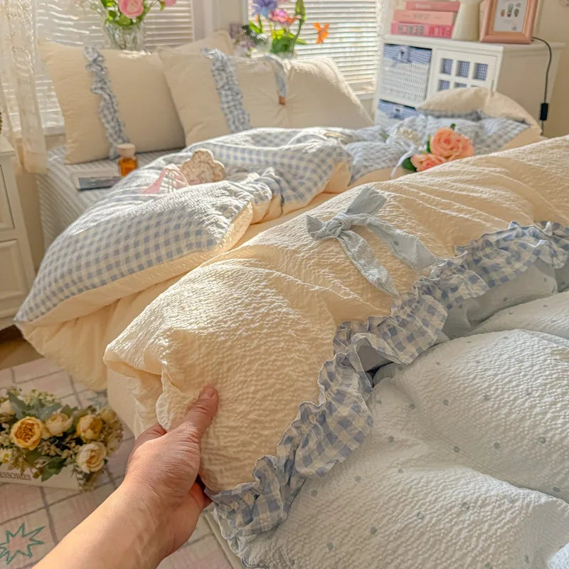 ensemble literie rose vichy doux franges romantique taies oreillers couvre lit