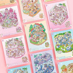 stickers paysage miniature dessin animé mignon personnages animaux scènes détaillées rose blanc vert bleu