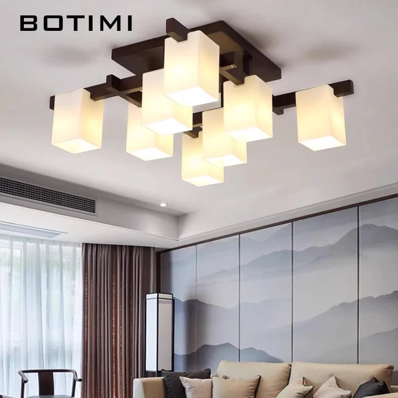 lustre japonais minimaliste bois marron foncé abat jours rectangulaires lumière douce led contracté