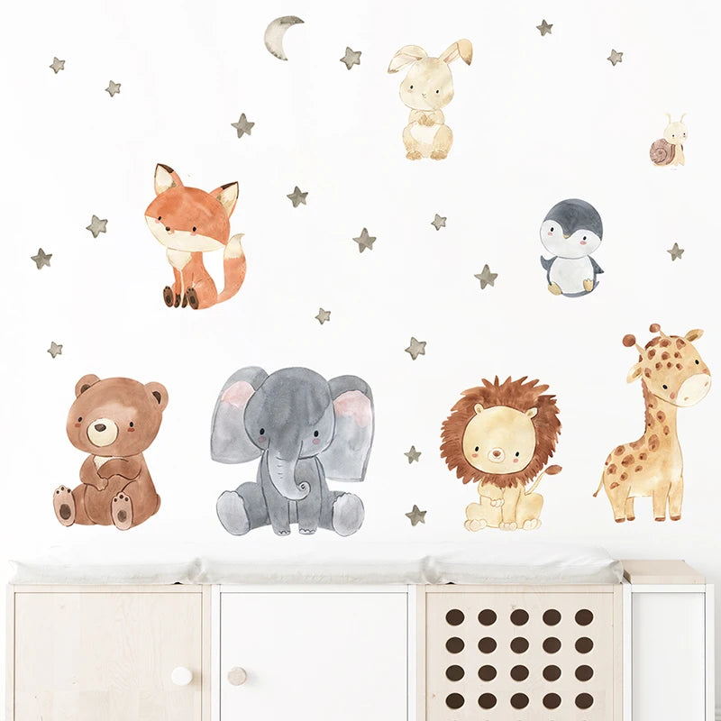 autocollant mural animaux forêt girafe éléphant ours renard décoration chambre enfant pastel dessin animé