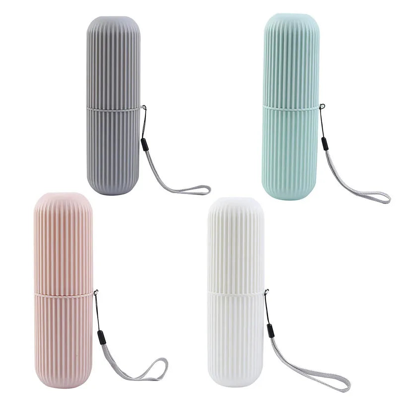 boîte brosse dents gris rose blanc rayures verticales moderne minimaliste respectueux environnement cordelette voyage
