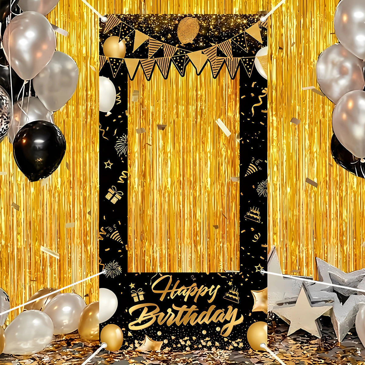 cadre photo personnalisable anniversaire noir doré motifs ballons étoiles cadeaux confettis happy birthday toile
