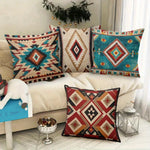 housse coussin motif aztèque ethnique beige bleu rouge noir marron polyester carré 45x45cm