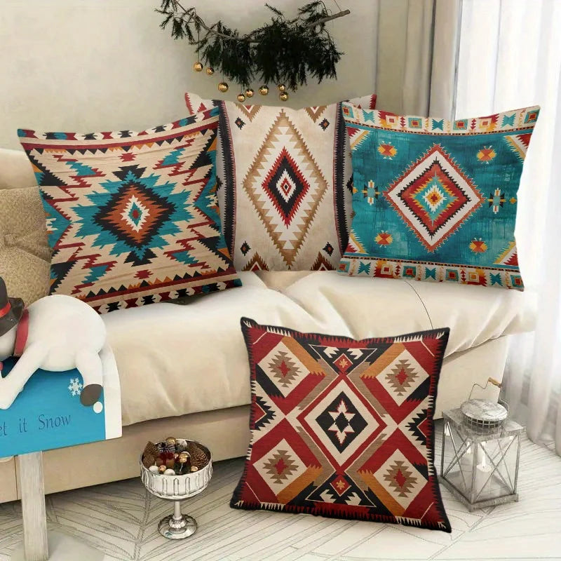 housse coussin motif aztèque ethnique beige bleu rouge noir marron polyester carré 45x45cm