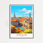 La magnifique ville de Varsovie, en Pologne, est représentée dans cette affiche avec ses toits de tuiles rouges, ses tours élancées et ses rues pittoresques bordées d'arbres aux couleurs d'automne.
