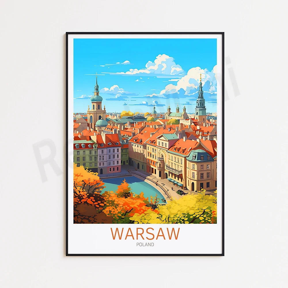 La magnifique ville de Varsovie, en Pologne, est représentée dans cette affiche avec ses toits de tuiles rouges, ses tours élancées et ses rues pittoresques bordées d'arbres aux couleurs d'automne.