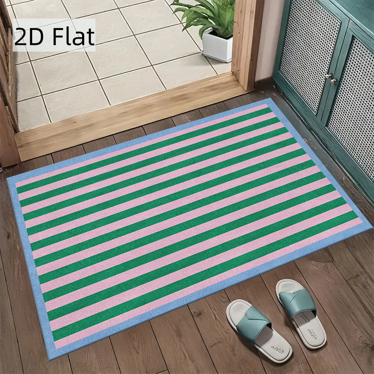 tapis rayé vert rose bleu clair moderne imperméable résistant anti bactéries polyester entrée maison