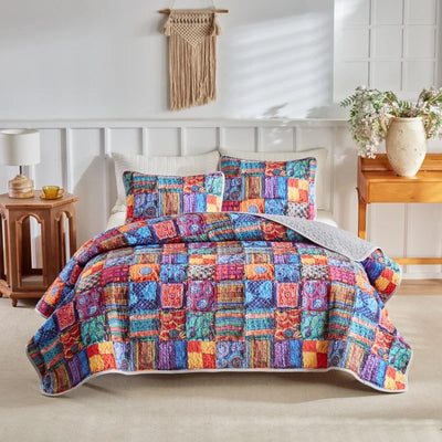 Parure de lit matelassée microfibre imprimé floral patchwork rouge