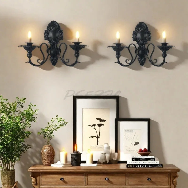 applique murale deux bras ornements baroques motifs floraux bougies noires classique baroque métal fer