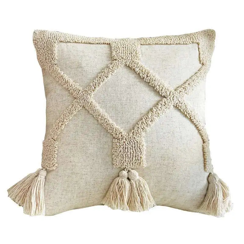 coussin carré beige motif losange texture bouclée décoration maison boho franges