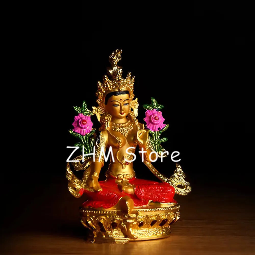 statue bouddhique or rouge rose traditionnelle tibétaine multi couleur emballage carton motifs colorés