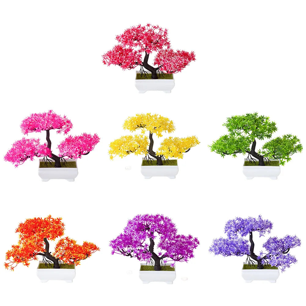 décoration intérieure bonsaï artificiel rouge rose jaune vert feuilles fines tronc noir base carrée