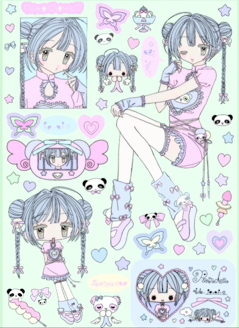stickers kawaii personnages mignons chats coeurs papillons panda floral rose gris blanc bleu vert