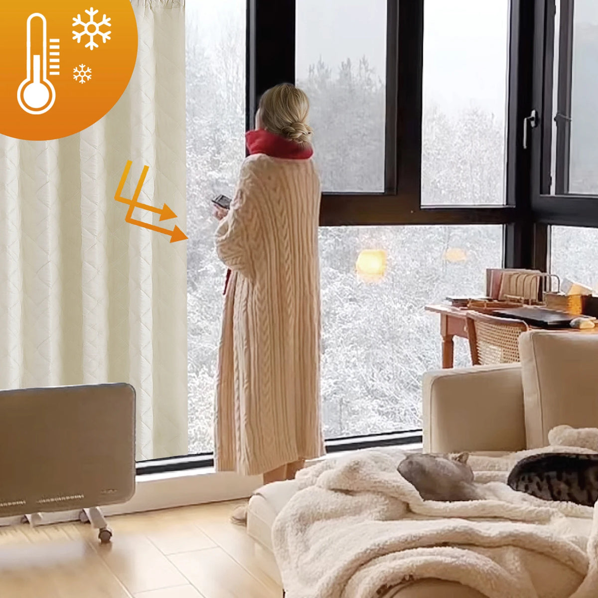 Rideaux isolants thermiques pour fenêtres, parfaits pour garder la chaleur à l'intérieur tout en bloquant le froid hivernal. Idéals pour créer une ambiance chaleureuse et confortable dans votre salon, avec un design élégant et moderne. Protégez efficacement votre maison des températures basses tout en ajoutant une touche esthétique à votre décoration intérieure.