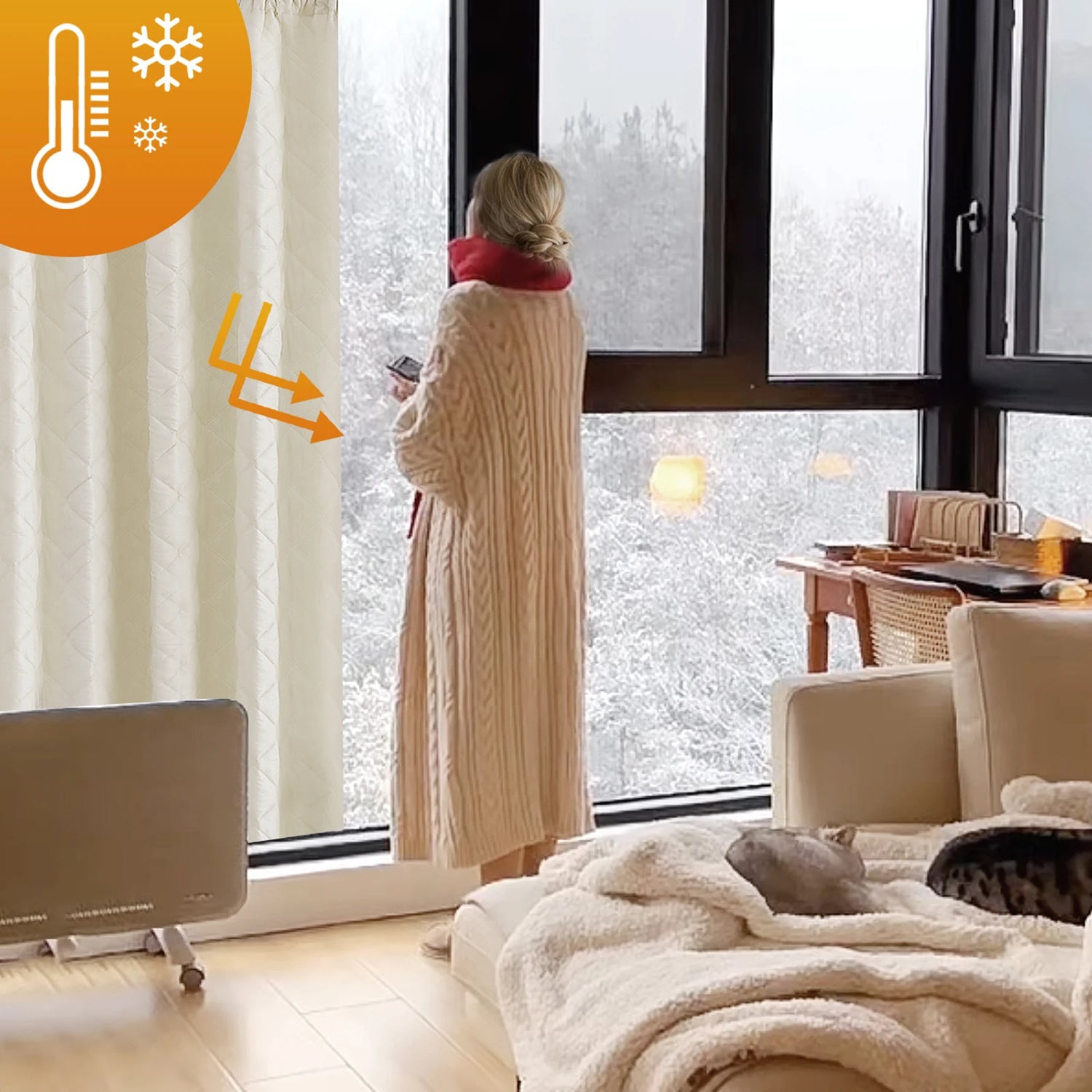 Rideaux isolants thermiques pour fenêtres, parfaits pour garder la chaleur à l'intérieur tout en bloquant le froid hivernal. Idéals pour créer une ambiance chaleureuse et confortable dans votre salon, avec un design élégant et moderne. Protégez efficacement votre maison des températures basses tout en ajoutant une touche esthétique à votre décoration intérieure.