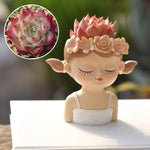 figurines décoratives cartoon fleurs reliefs cheveux stylisés plante succulente verte rose beige