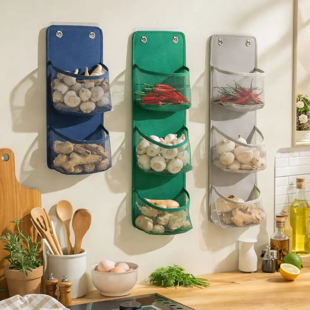 sac mural multi couches maille poignées compartiments rangement cuisine bain vert bleu gris moderne