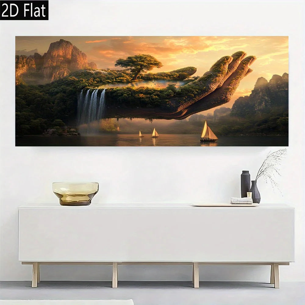 affiche murale paysage fantastique main géante îlot arbres cascades bateau coucher soleil abstraite multicolore
