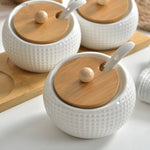 pot épices porcelaine blanc couvercle bambou moderne respectueux environnement cuillères plastique blanc herbes épicées(stockage)