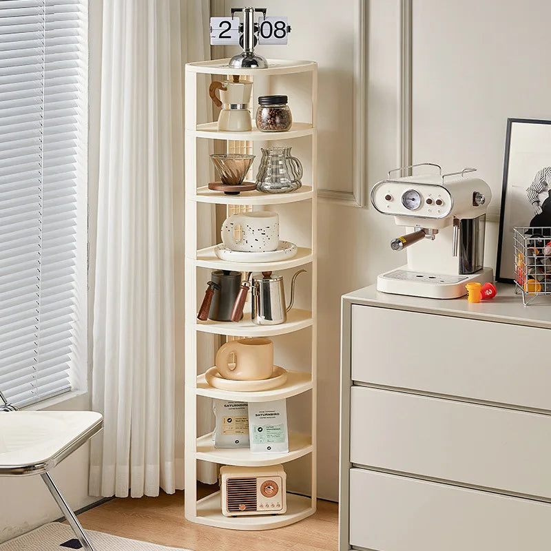 étagère rotative moderne multi niveaux beige clair rayures verticales supports rangement robuste anti dérapant