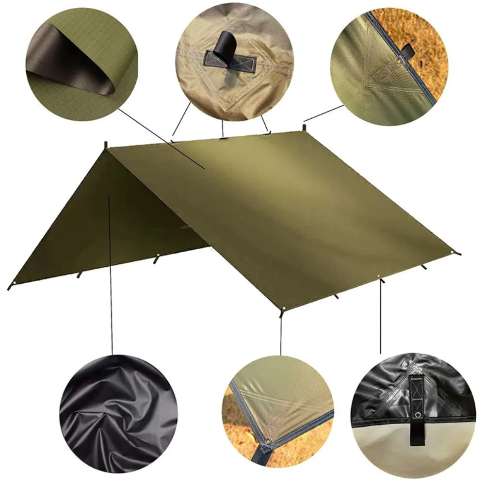 tarp polyvalent camping abri toile épaisse occlusion variable configurations multiples adaptateur