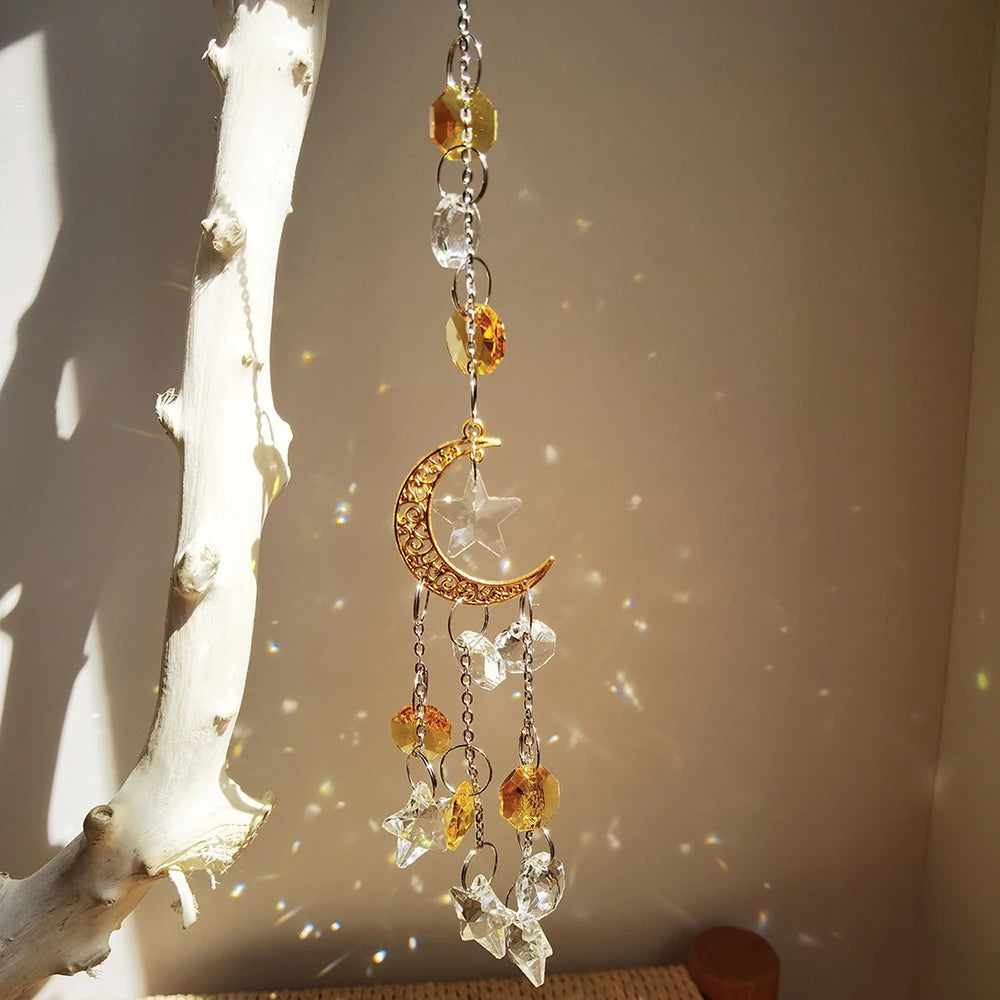 suspension décorative attrape soleil cristal lune soleil étoiles boho extérieur intérieur or transparent