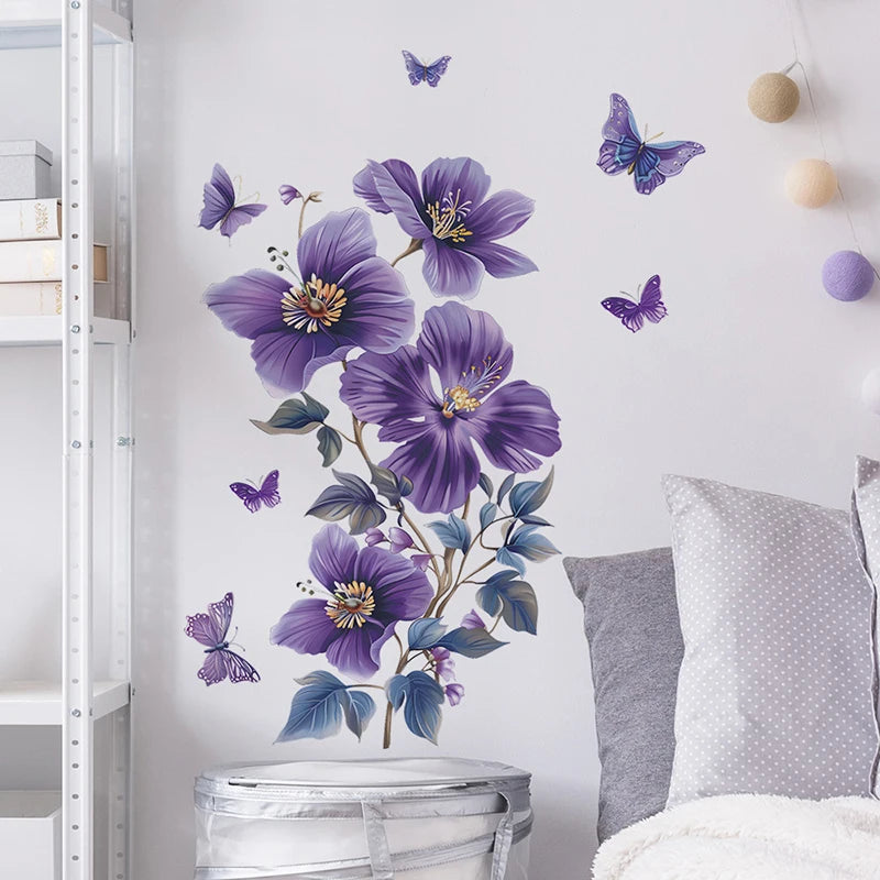 autocollants muraux papillons fleurs violets bleus dorés décoration intérieure réaliste chambre salon