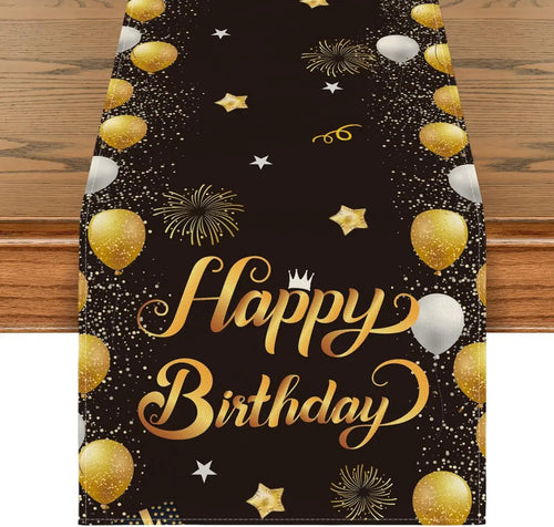 Cette image festive présente un joyeux anniversaire avec des ballons dorés, des étoiles et des feux d'artifice sur un fond noir élégant.