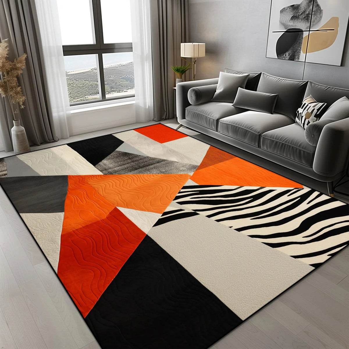 tapis géométrique moderne noir gris orange antidérapant facile nettoyer triangles cercle salon chambre