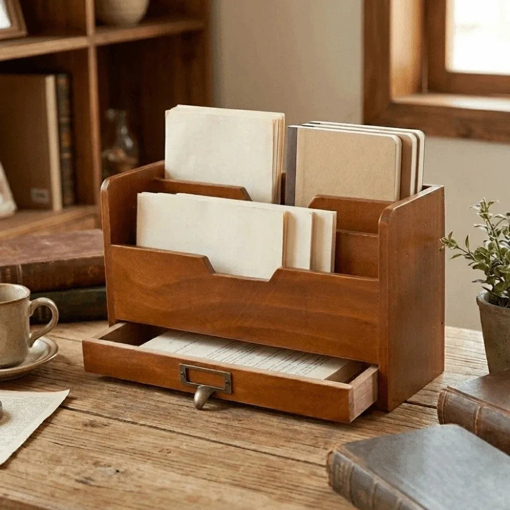 organisateur bois marron vintage tiroirs compartiments documents stylos