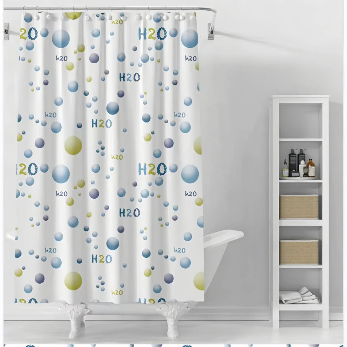 rideau douche moderne blanc bleu vert jaune motifs h2o bulles savon pvc opaques anneaux